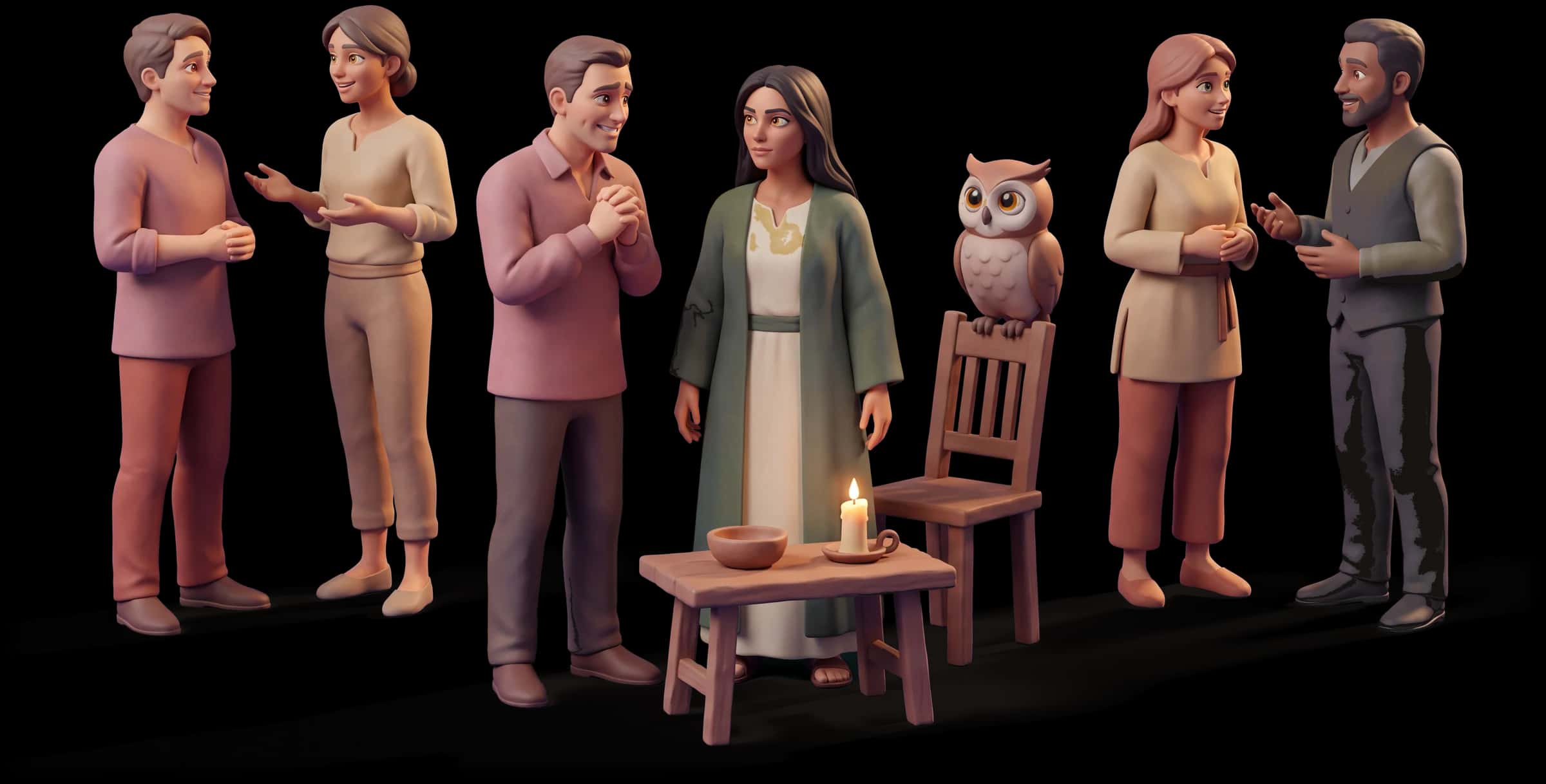 Clay scene: The Mystic looks steadily at one person in a small group who is smiling but not fine, and the others have not noticed