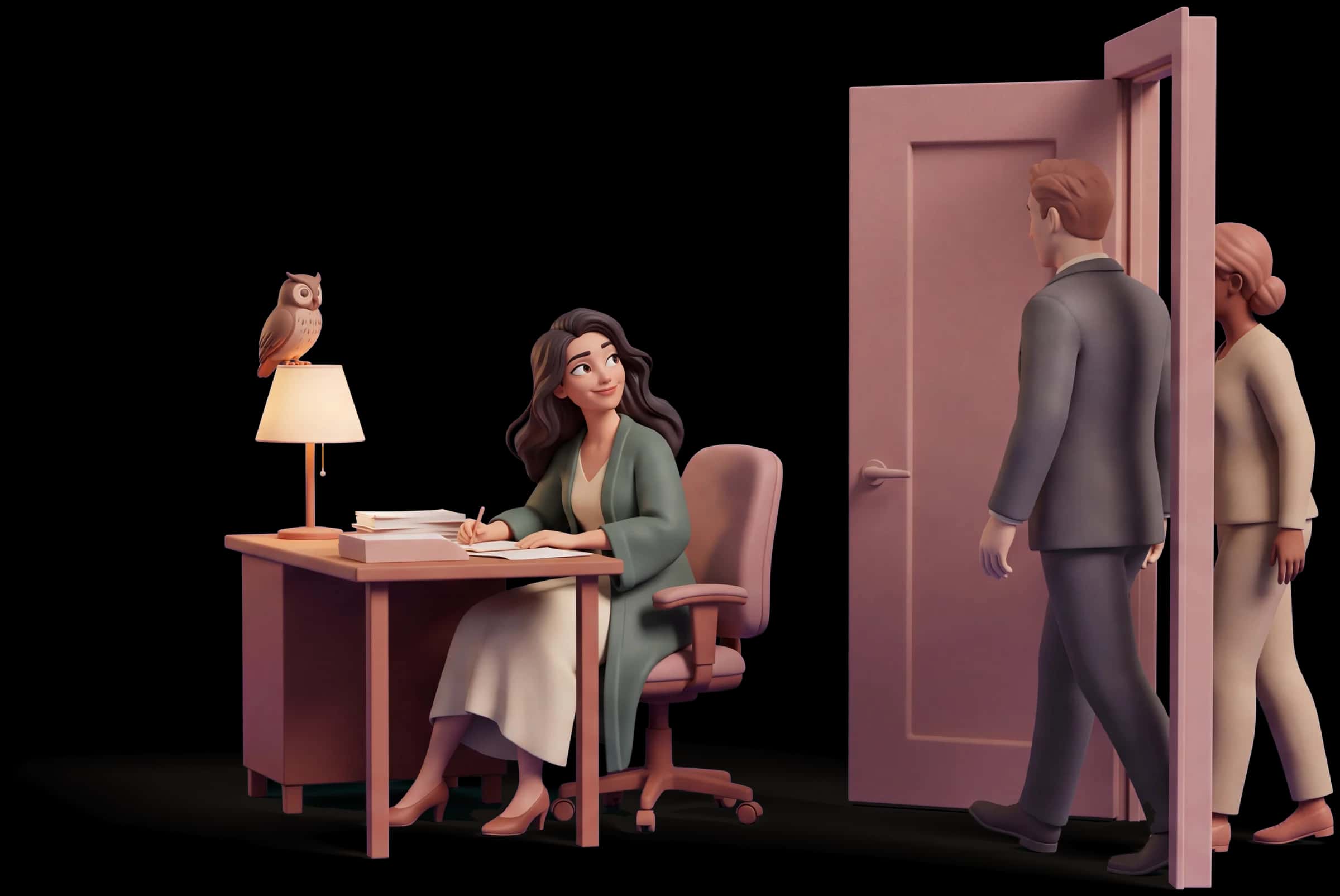 Clay scene: The Mystic glances up from her work at a closed office door two colleagues have just walked through, already knowing