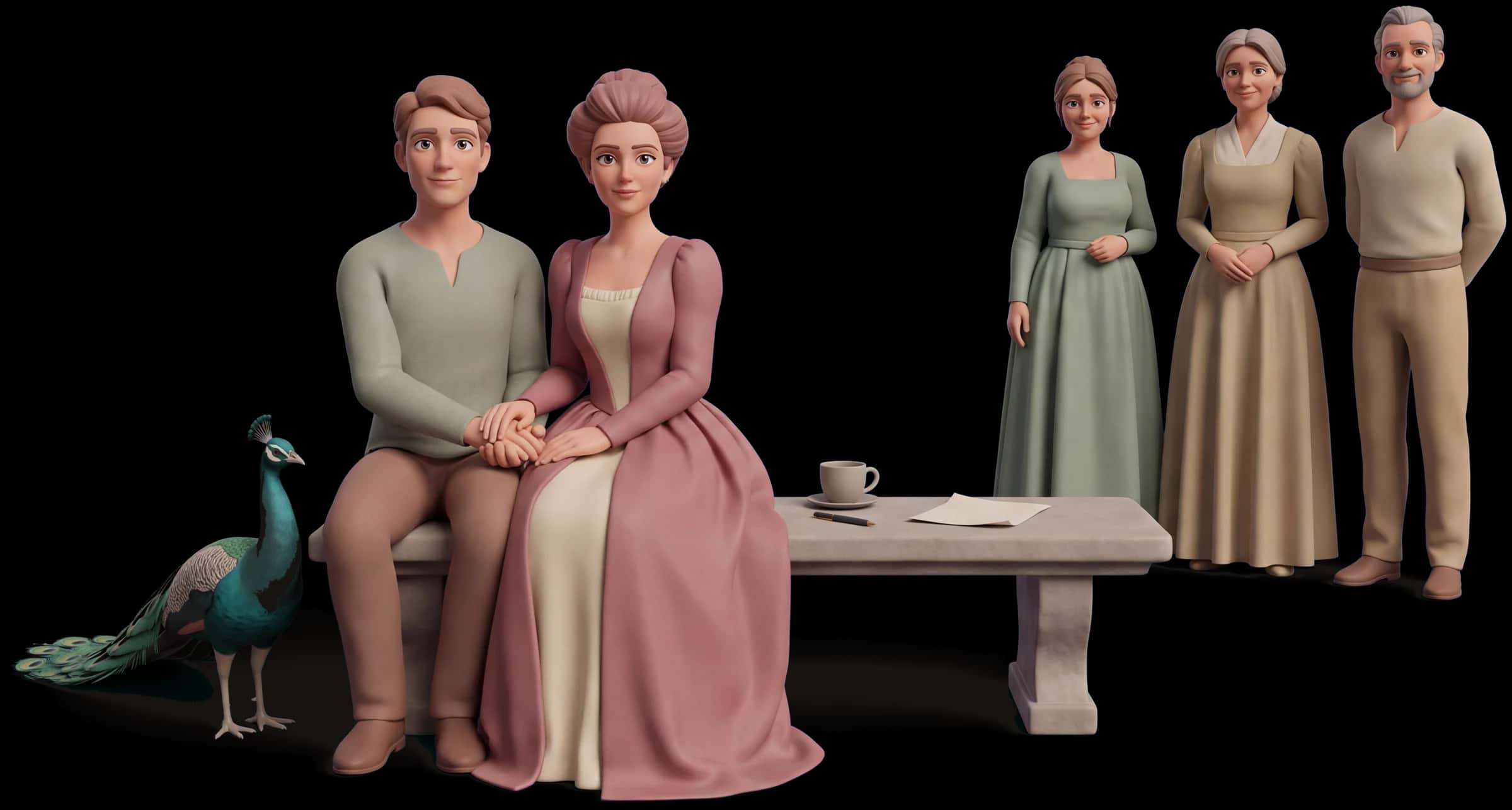 Clay scene: The Queen sits beside a partner on a bench, hands clasped with his, planning something on a single sheet of paper between them, both faces turned toward the camera with eyes clearly visible
