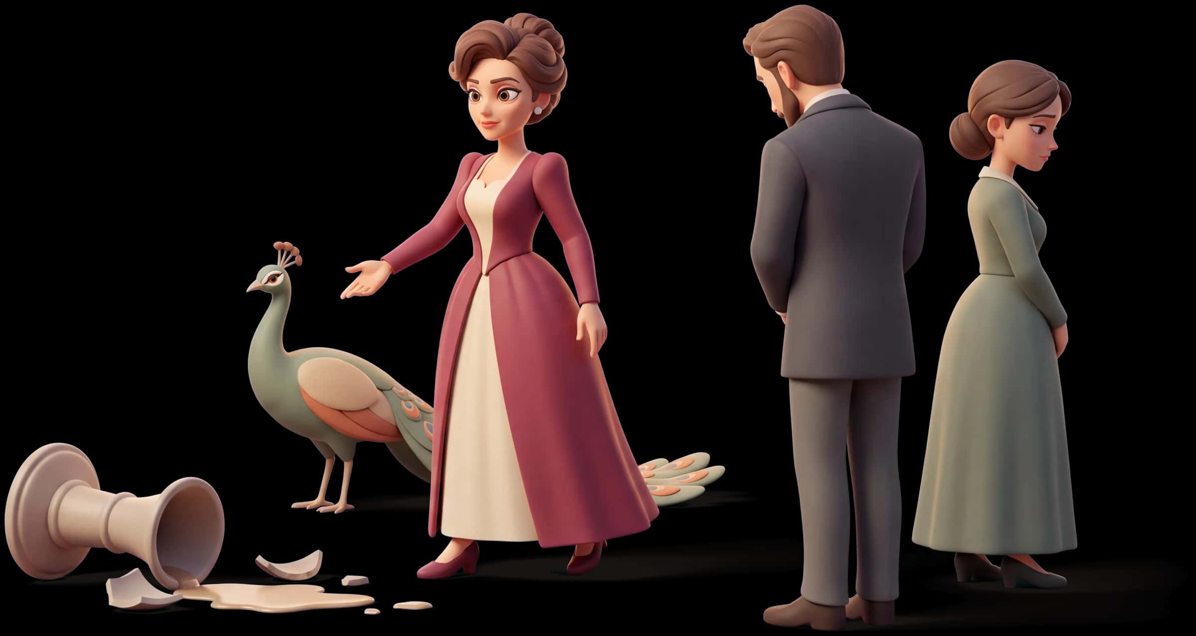 Clay scene: The Queen steps forward and takes responsibility for a spilled and broken mess while two others quietly look away