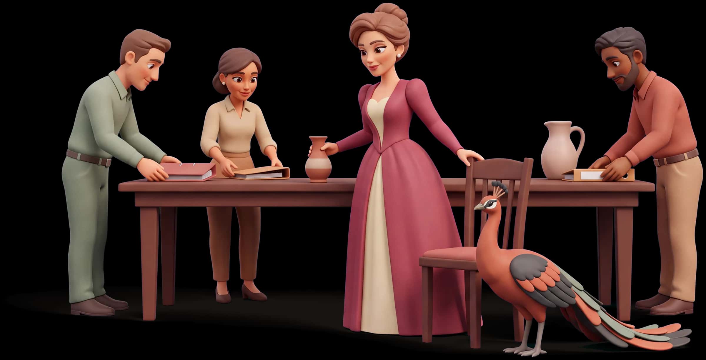 Clay scene: The Queen stands at the head of a table setting a higher standard, moving one object into line, while three colleagues straighten