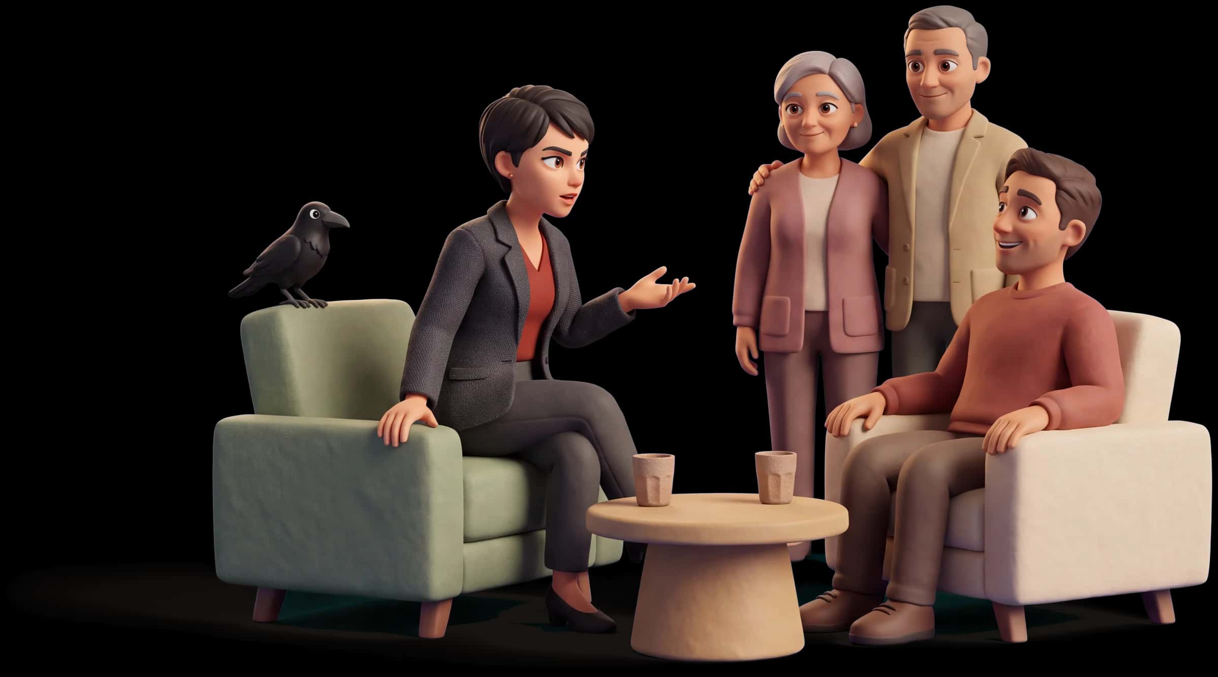 Clay scene: The Rebel sits on the arm of a chair facing a partner, telling him something bluntly and honestly, his face relieved rather than hurt