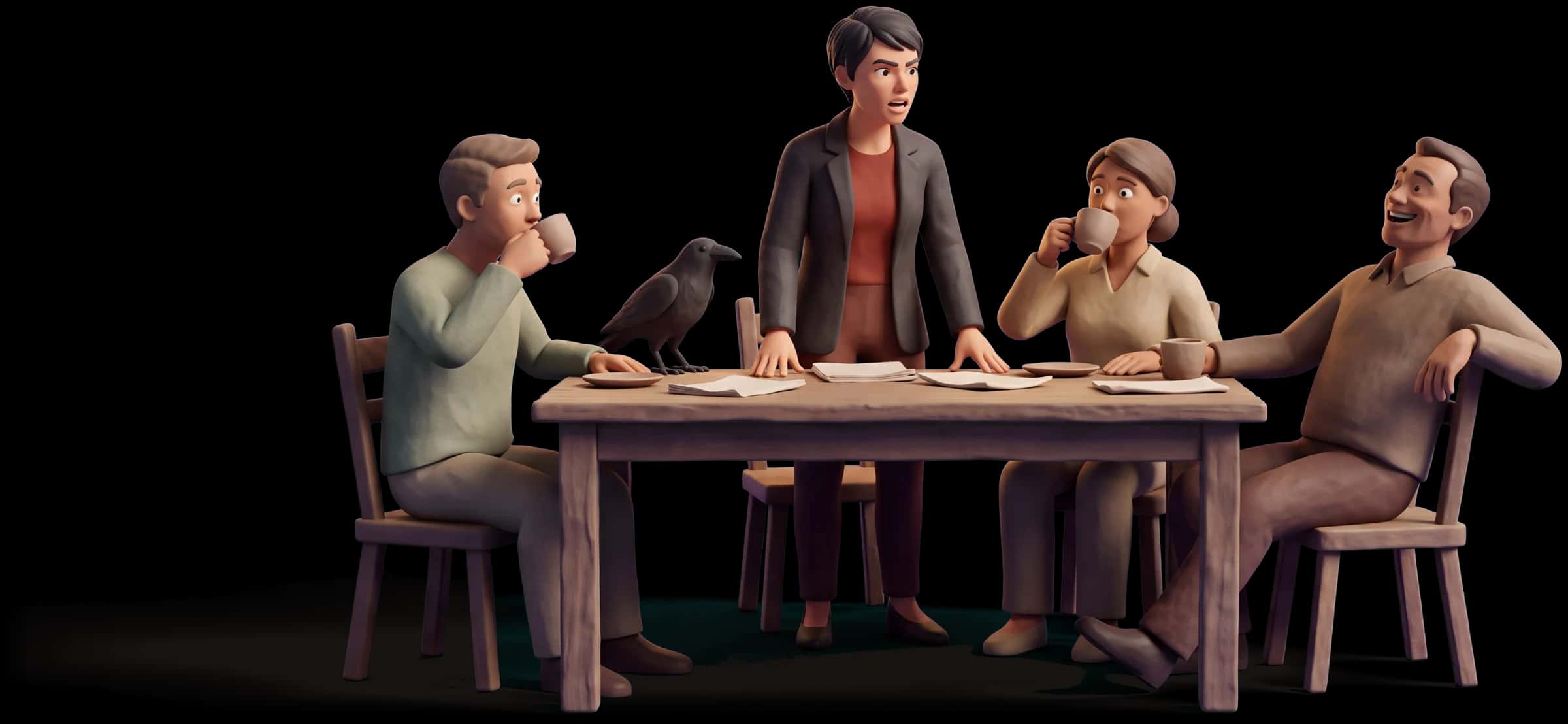 Clay scene: The Rebel says the unsayable thing at a table and two people freeze mid-sip while a third grins