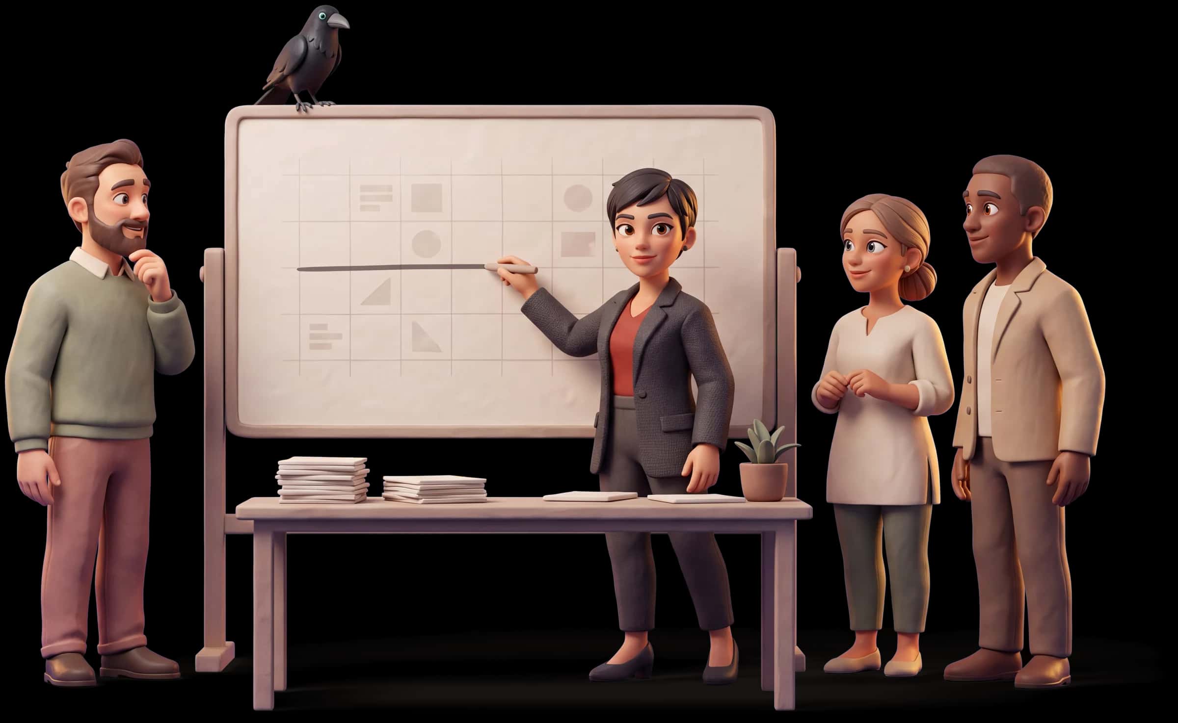 Clay scene: The Rebel draws a line straight through a printed process on a board of blank shapes while three colleagues watch, one already nodding
