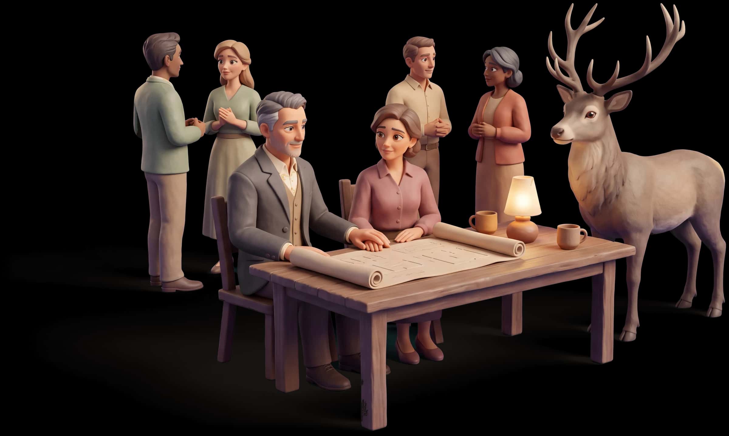 Clay scene: The Ruler sits at a table beside a partner going through a long plan together, his hand over hers on the page