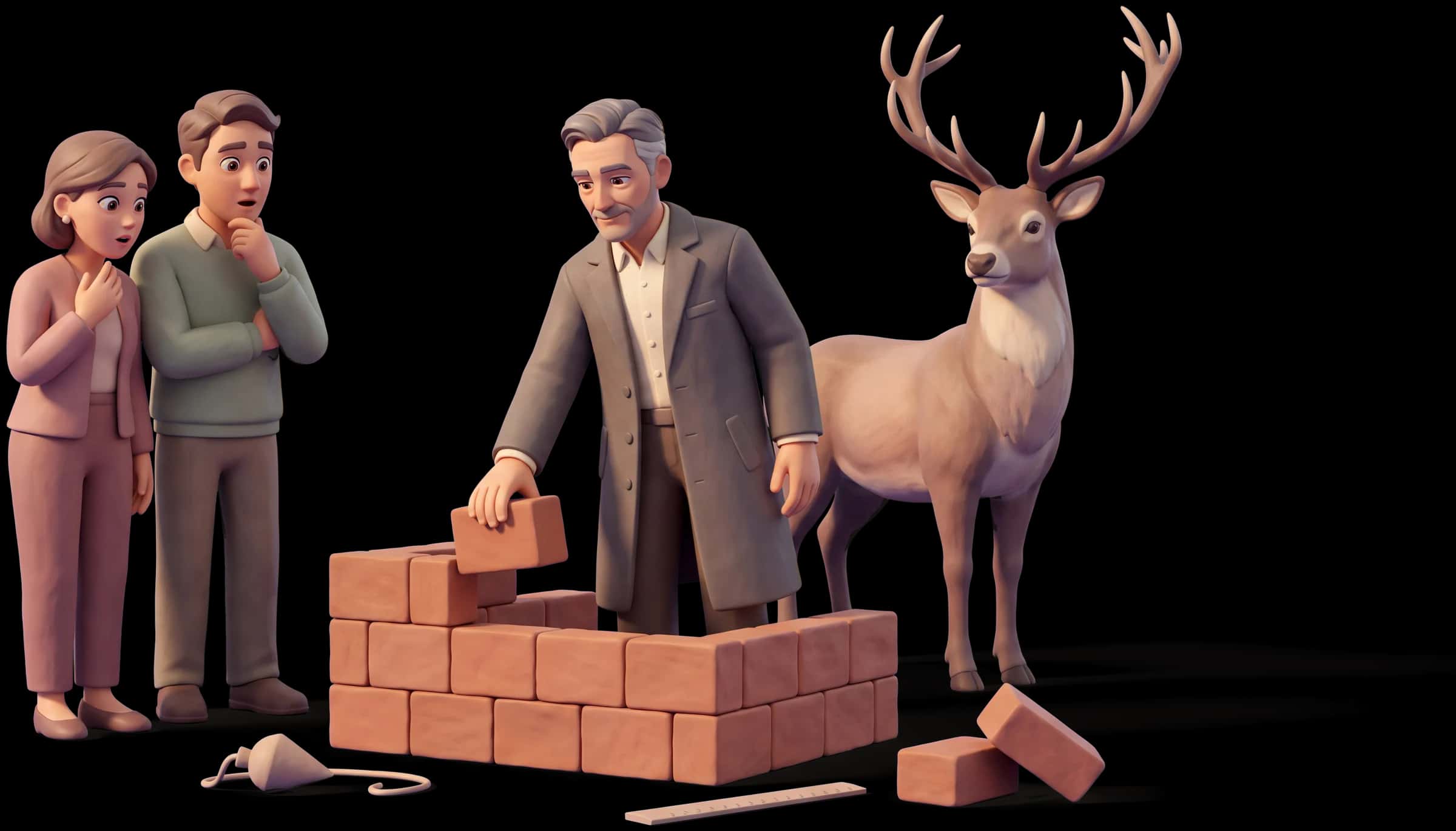 Clay scene: The Ruler sets the last block into a low structure that now stands on its own while two people who doubted it look at it