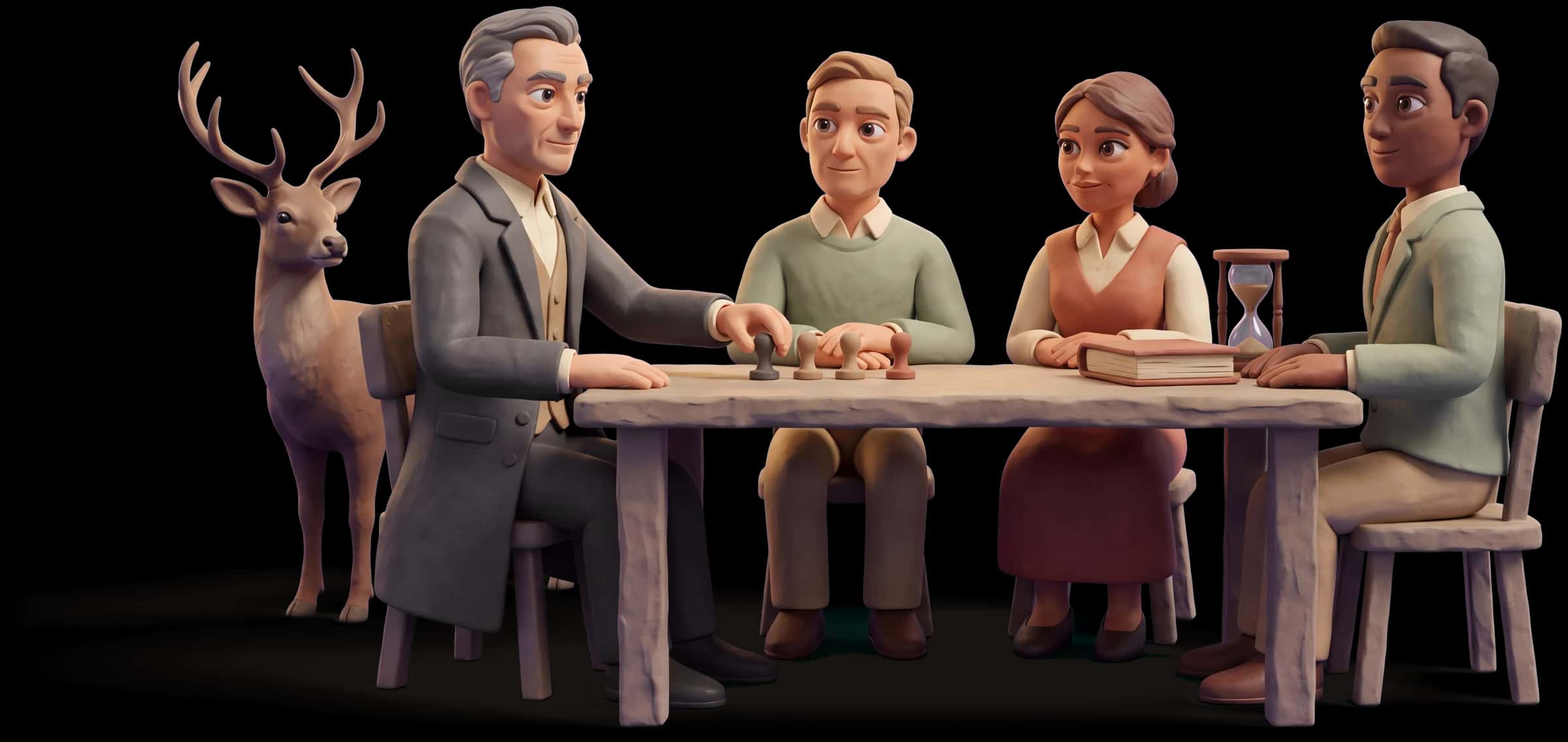 Clay scene: The Ruler assigns roles at a table by placing three markers deliberately in front of three colleagues