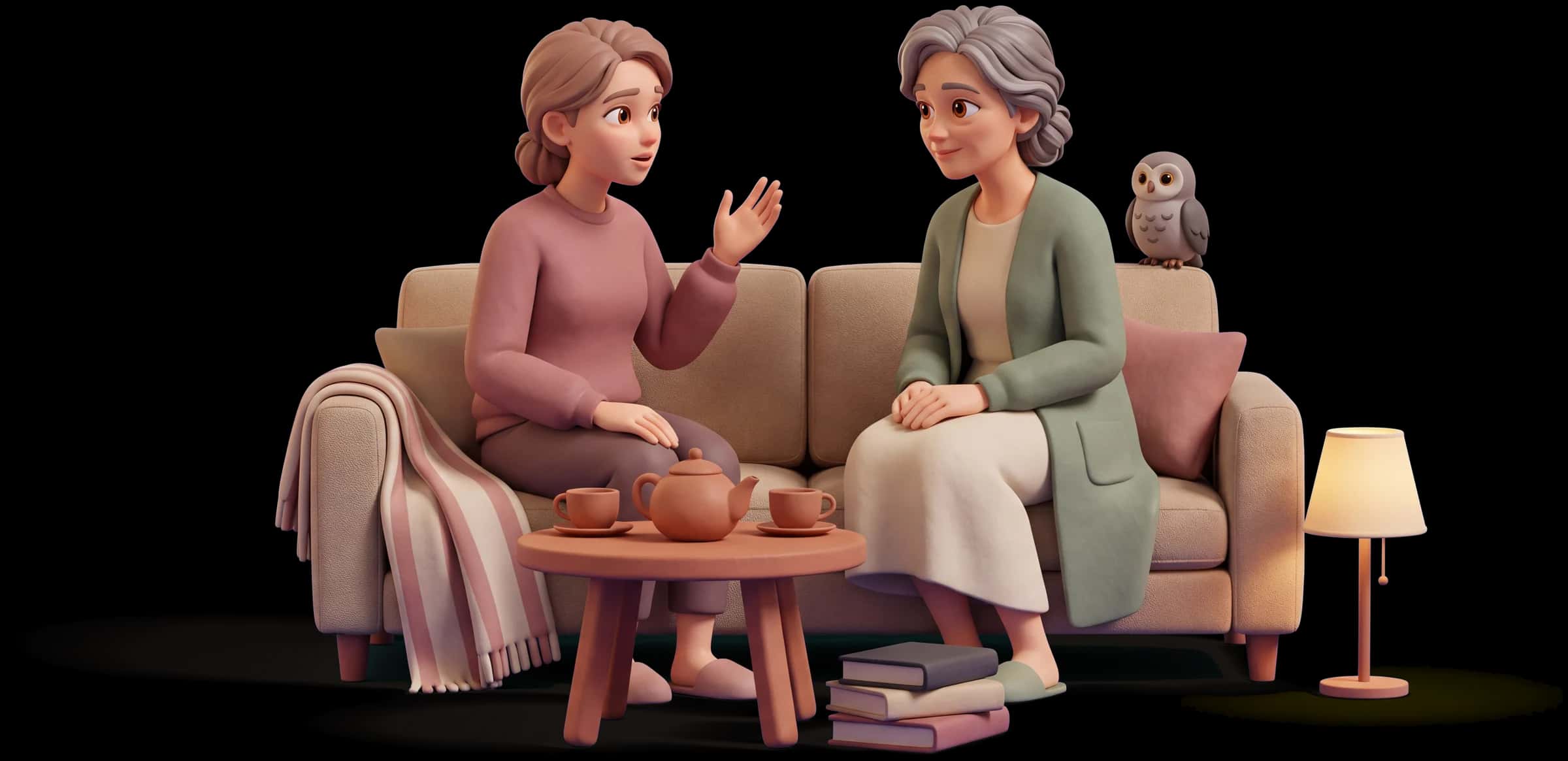 Clay scene: The Sage sits on a low couch turned toward a friend who is mid-question, hands quiet in her lap, listening completely