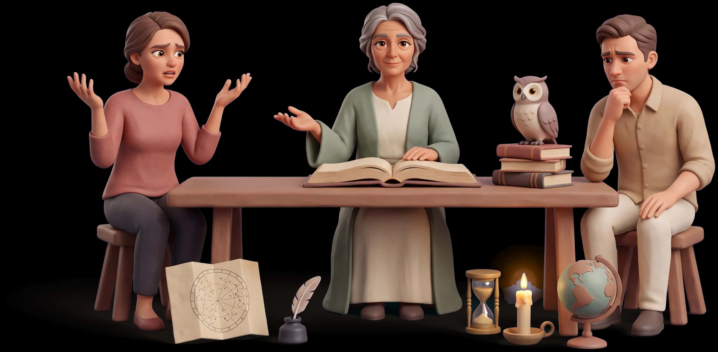 Clay scene: The Sage sits at the center of a long low table with a large open book before her, one hand turned gently upward as she explains