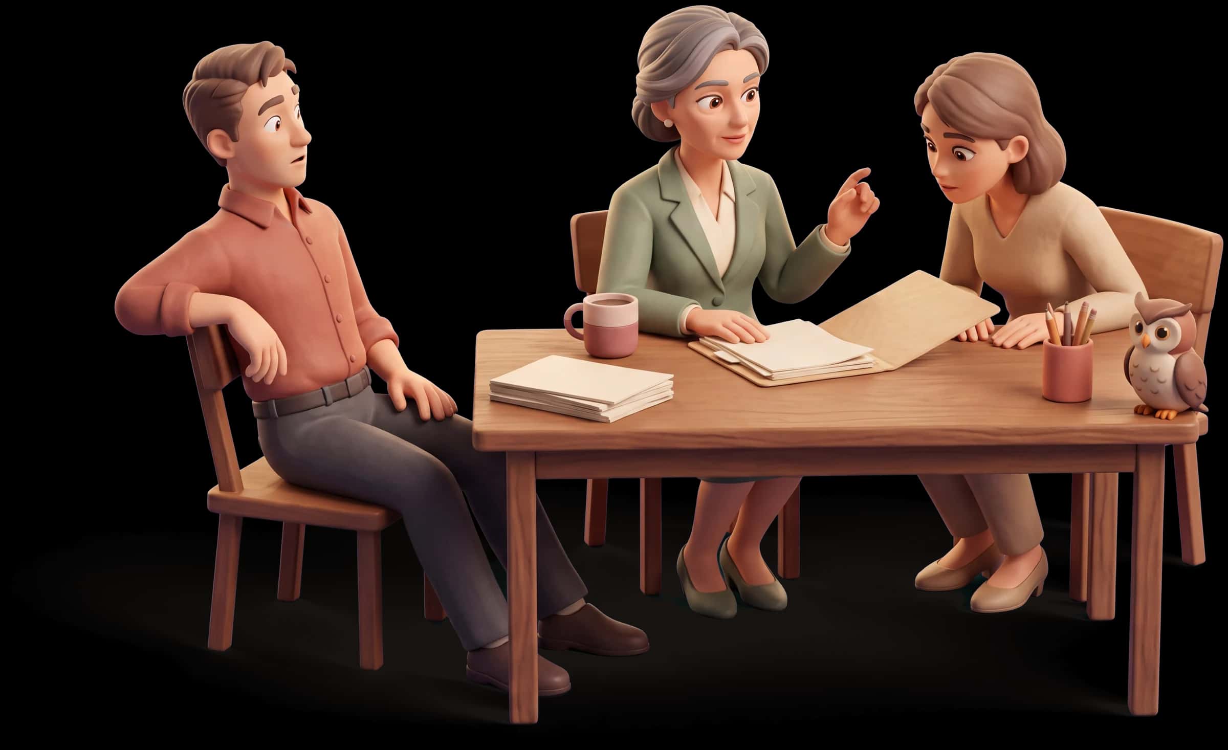 Clay scene: The Sage sits at a work table with a hand flat on an open folder and the other raised in a small precise gesture as she asks a question