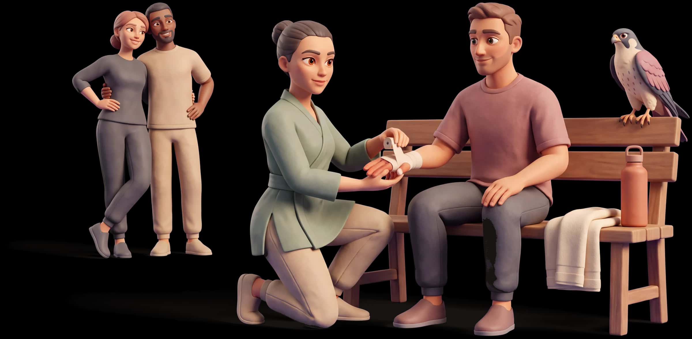 Clay scene: The Warrior kneels to re-tape a partner's injured hand with complete care while he watches her do it