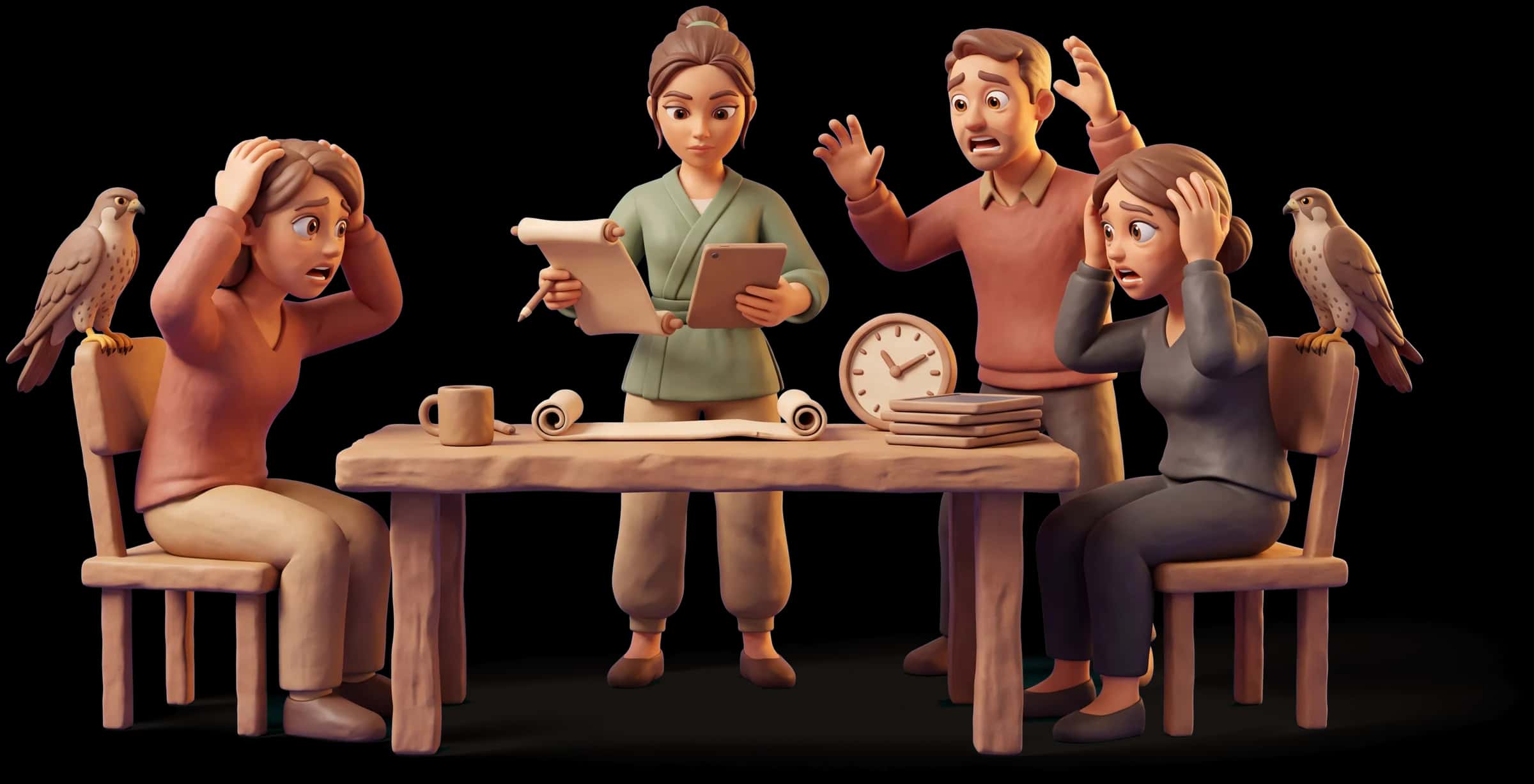 Clay scene: The Warrior sets a plan on the table and holds a deadline steady while two colleagues panic around her