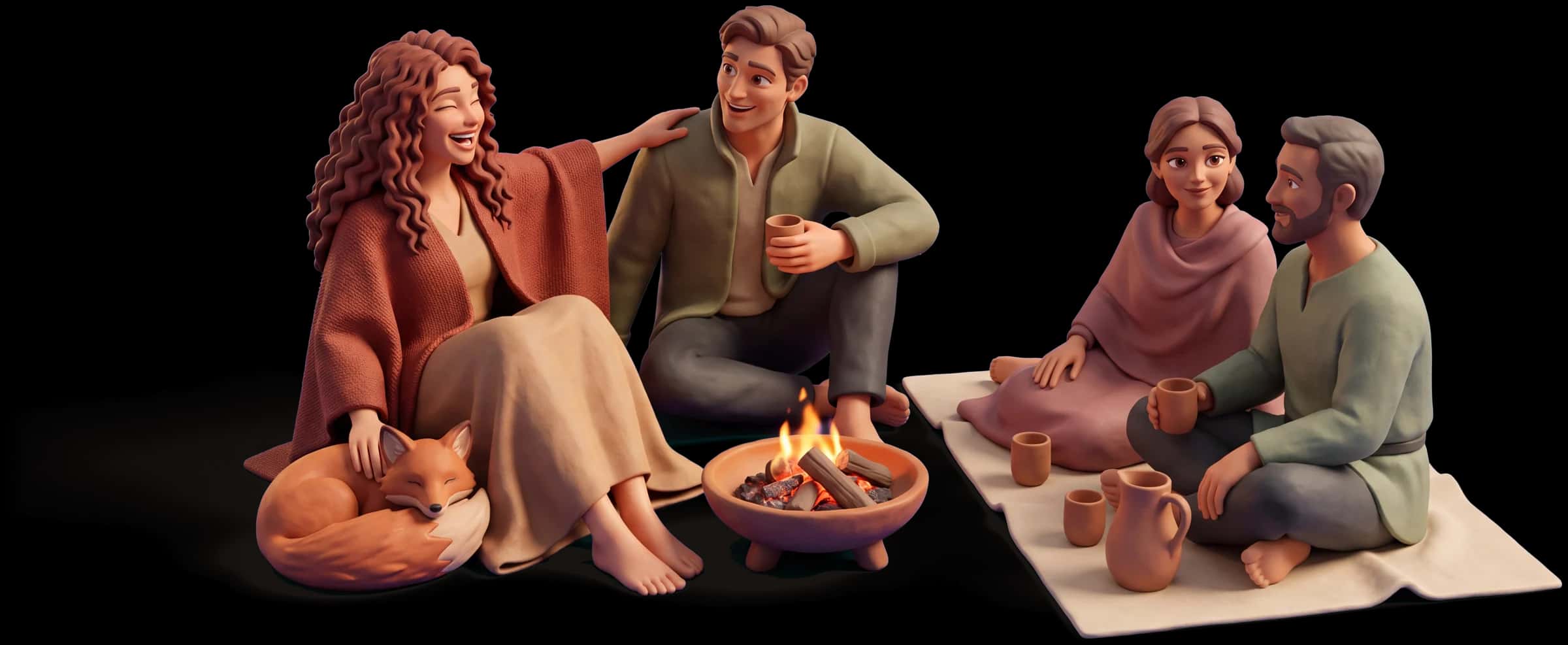 Clay scene: The Wild Woman laughs at something a partner said and shoves his shoulder, entirely herself, both sitting on the ground by a low fire bowl