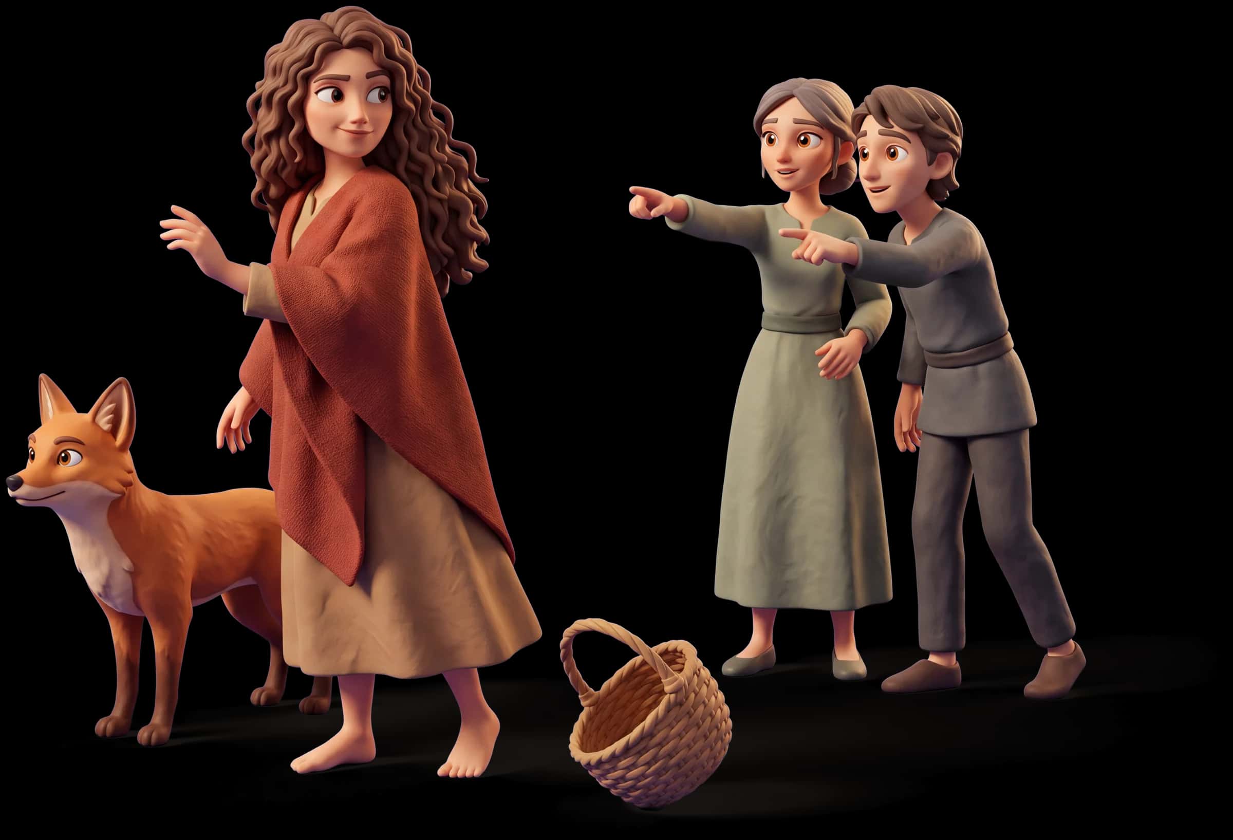 Clay scene: The Wild Woman stops in the middle of a path and turns back the way the group came, certain, while two others point ahead at nothing