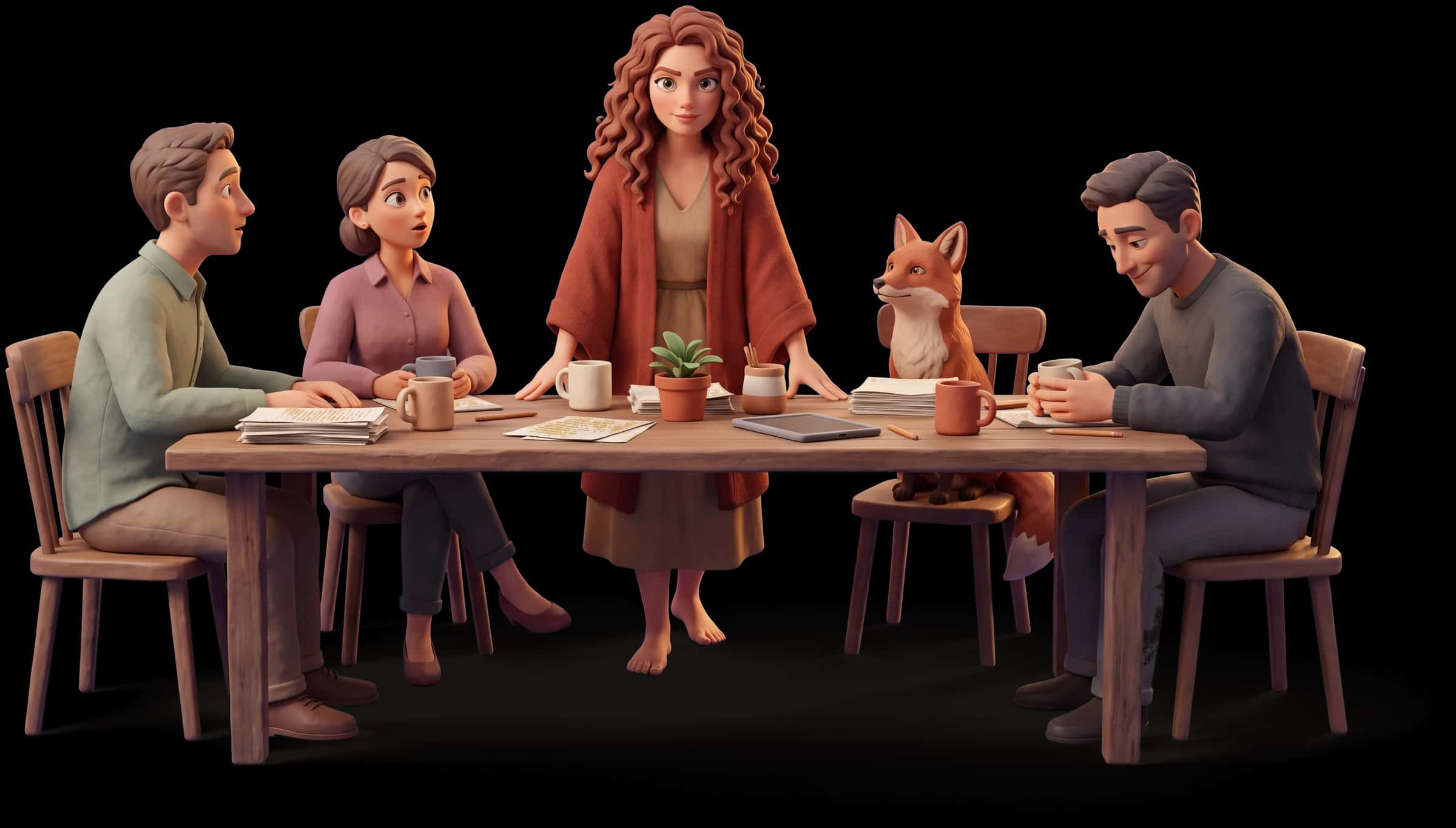 Clay scene: The Wild Woman says the thing the whole table is thinking and two colleagues sit up while a third hides a smile