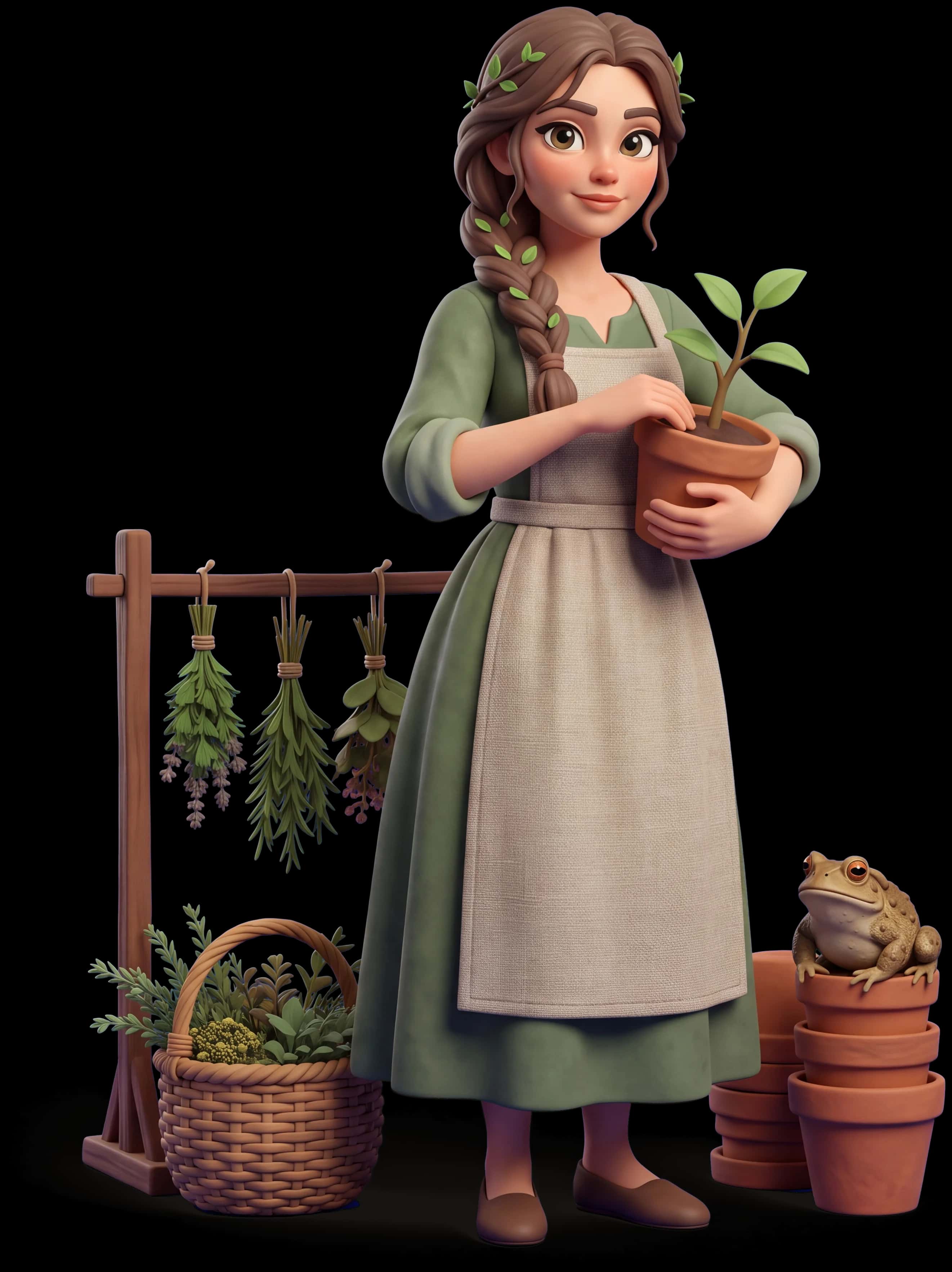 Green Witch clay figure with her familiar