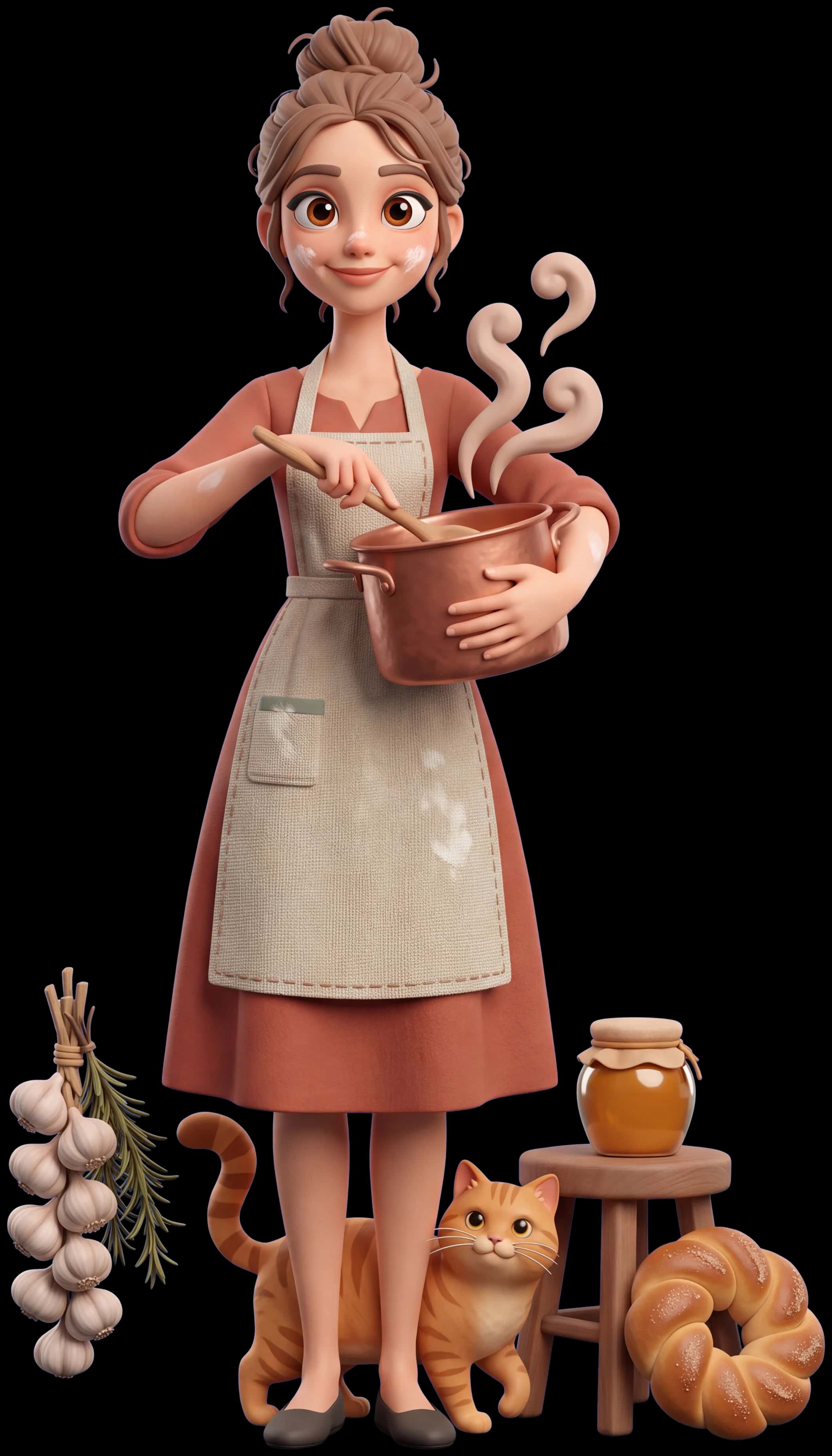 Kitchen Witch clay figure with her familiar