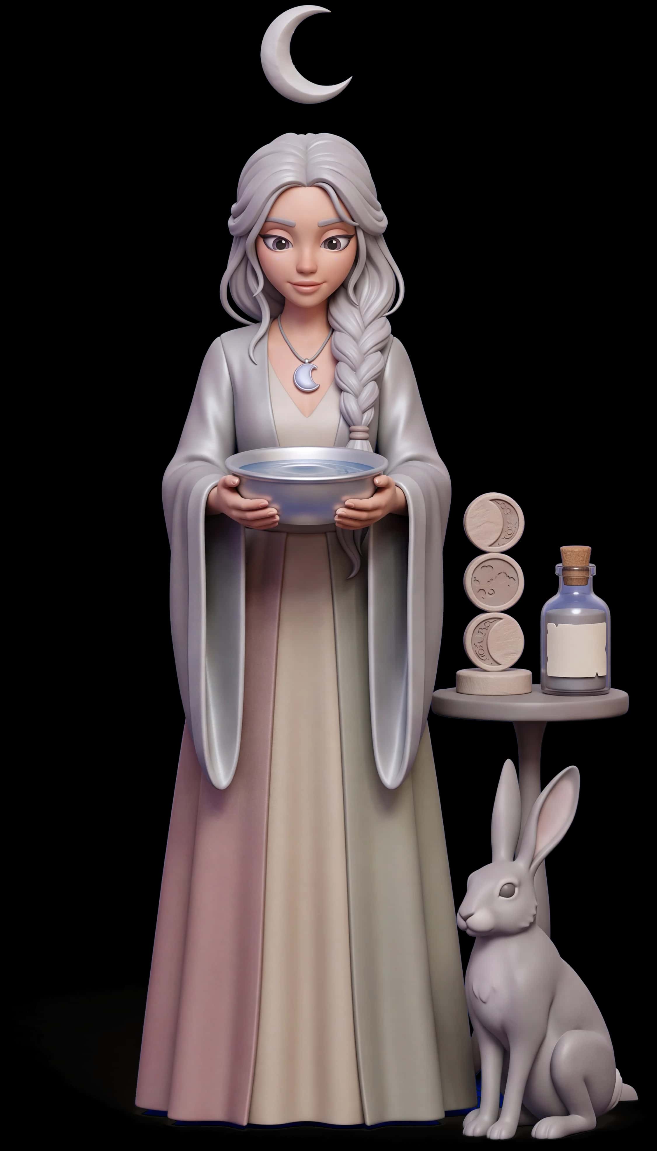 Lunar Witch clay figure with her familiar